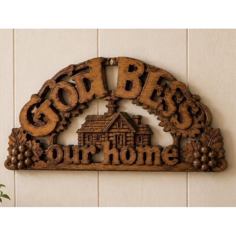Vintage "God Bless Our Home" Wood Sign Farmhouse Wall Plaque Cottage Grandmacore